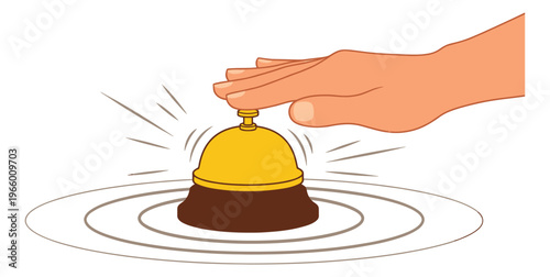 Cartoon illustration of a hand ringing a service desk bell depicting a call for attention for hospitality and customer service design