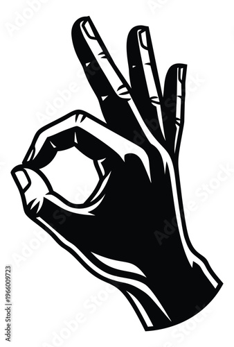 Woodcut illustration of a hand depicting the ok gesture symbol for approval and success design