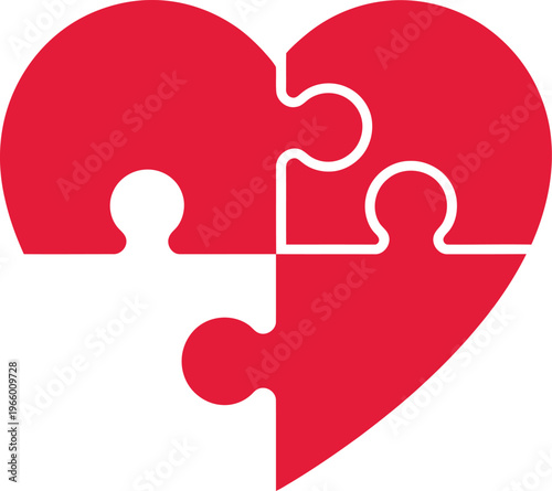 An incomplete red heart shape formed by three red puzzle pieces with one white piece separated