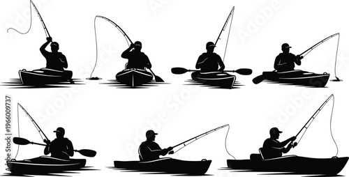 Kayak fishing silhouette, six poses casting line, reeling rod, outdoor water sport, peaceful activity, river lake adventure, fisherman icon illustration