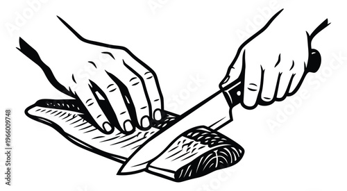 Engraving style illustration of hands filleting fish depicting knife slicing salmon fillet for culinary and food design