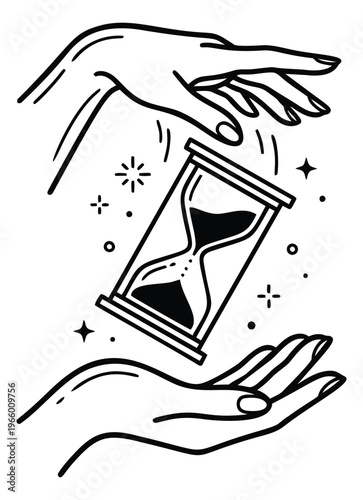 Line art illustration of two hands holding an hourglass depicting the passage of time for spiritual and mystical design