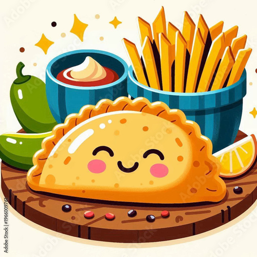 Food cartoon fried turnover french fries dips jalapeños  citrus on a round wooden board