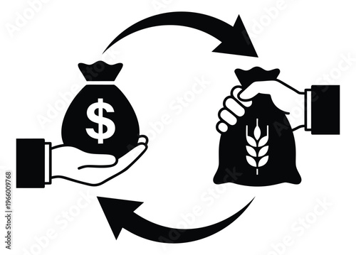 Flat silhouette illustration of two hands exchanging money and grain bags depicting trade and barter concept for business and agriculture design