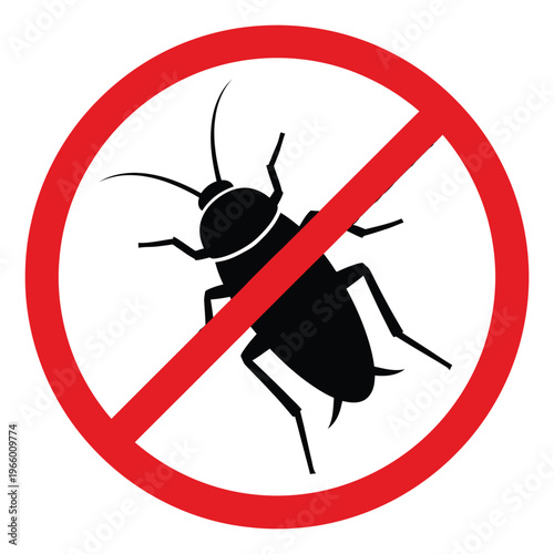Silhouette illustration of cockroach inside red prohibition sign depicting pest control warning for extermination and sanitation design