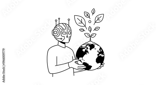 Futuristic robot holding planet earth with growing leaves, artificial intelligence for environmental sustainability, eco-friendly technology vector