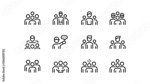 A collection of diverse line art icons depicting various group sizes and interactions high quality professional