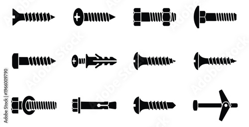Silhouette icon set of 12 fasteners featuring screws, bolts, anchors and toggle bolts for construction and hardware design