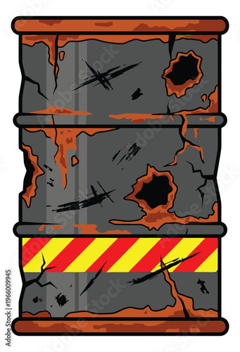 Cartoon illustration of a damaged rusty barrel depicting hazardous waste container with warning stripes for industrial and danger design