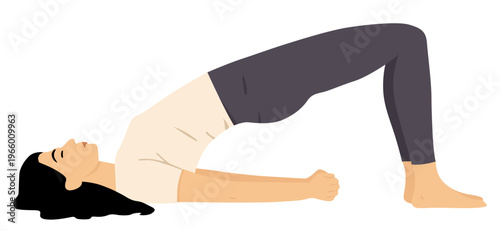 Vector illustration of a woman performing bridge pose setu bandhasana yoga position with lifted hips and grounded feet