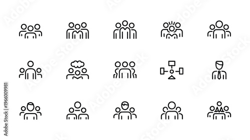 A collection of minimalist line art icons depicting groups of people and individual figures high quality