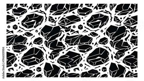 Flat seamless pattern featuring angular rock formations and small gem crystals on cracked ground for surface and textile design