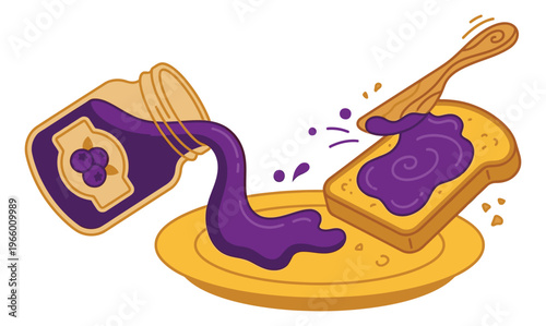Cartoon illustration of blueberry jam jar spilling onto toast depicting spreading preserve for food and kitchen design