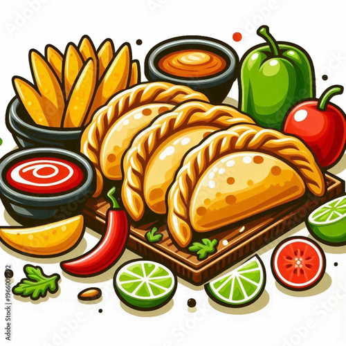 Empanadas peppers fries  limes are arranged on a wooden board in an illustration style