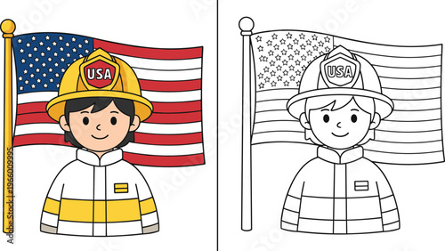 Cute, cartoon, firefighter, child, with, USA, flag, coloring, page, for, kids, educational, activity, american, hero, occupation, vector, illustration, black, white.