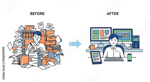 Visualizing workflow improvement from chaotic desk to organized digital workspace demonstrating productivity gains with a silhouette high quality professional detailed modern