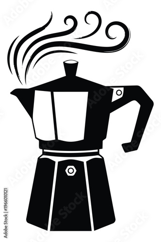 Silhouette illustration of a moka pot depicting steam rising for coffee and cafe design