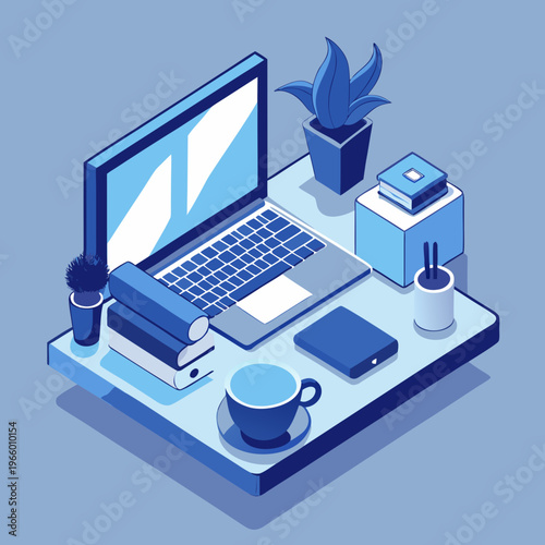 Modern Isometric Workspace Vector: Minimalist Blue Monochrome Home Office Setup with Laptop, Plants, and Professional Productivity Elements