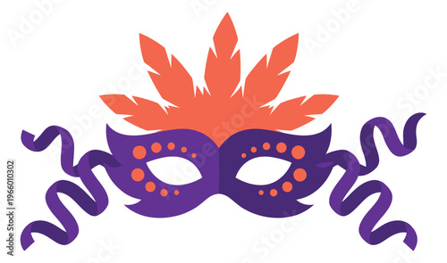 Flat illustration of a carnival masquerade mask depicting festive celebration with feathers and ribbons for party design