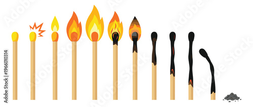 Flat cartoon set of 11 matches depicting sequential burning stages from unlit to ash for fire and lifecycle design