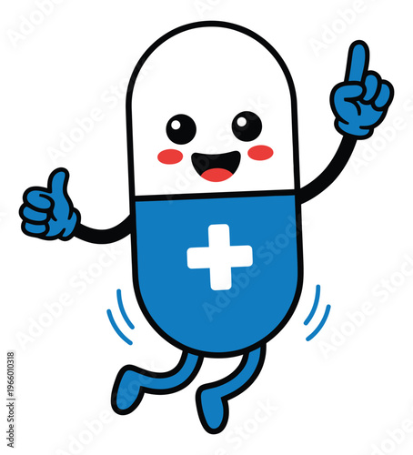 Cartoon illustration of a happy pill capsule character depicting a thumbs up pose for healthcare and medical design