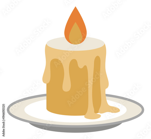 Flat illustration of a dripping wax candle depicting a melting flame on a plate for holiday and decoration design