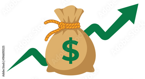 Cartoon illustration of money bag with rising arrow chart depicting financial growth and profit for business and investment design