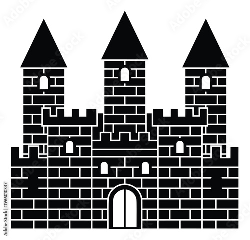Flat silhouette illustration of a medieval castle depicting fortress architecture with towers and battlements for fantasy and game design