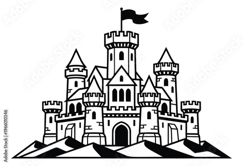 Outline illustration of a medieval castle depicting fortified towers and battlements for fantasy and game design
