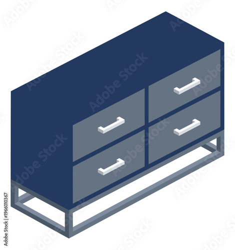 Flat illustration of a navy blue dresser depicting an isometric four drawer chest for furniture and interior design