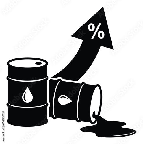 Silhouette illustration of oil barrels with rising percentage arrow depicting fuel price increase for energy and finance design