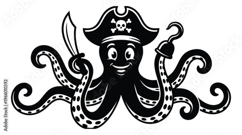 Cartoon silhouette illustration of a pirate octopus depicting a seafaring mascot with sword and hook for nautical design