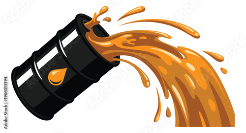 Cartoon illustration of oil barrel spilling depicting crude petroleum splashing from tipped drum for energy and industry design
