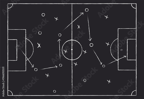 Tactical Layout of Soccer with player positions, arrows and strategy, Aufstellung im Fußball mit Spielerpositionen, Pfeilen und Strategie, Disposition tactique du football avec positions des joueurs, 