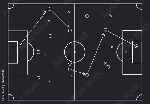 Soccer match tactical scheme with players and strategy arrows on chalk black board,Taktisches Schema eines Fußballspiels,Schéma tactique d’un match de football,Esquema táctico de un partido de fútbol
