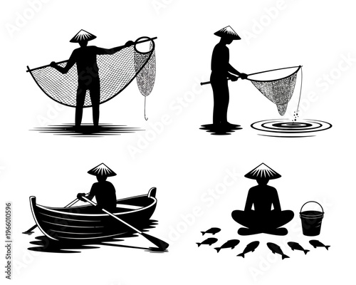 Four silhouettes of Asian fishermen fishing and sitting with fish and bucket outdoors