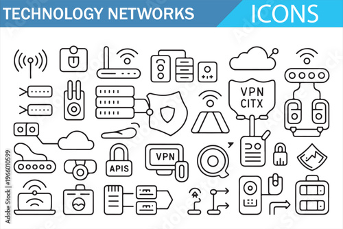 Internet and networking vector icons including server data vpn and wireless communication