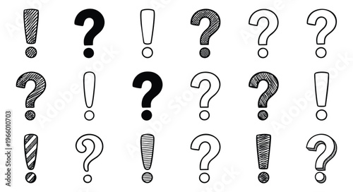 Sketch icon set of 18 question marks and exclamation points featuring hand drawn doodle punctuation symbols for typography and communication design