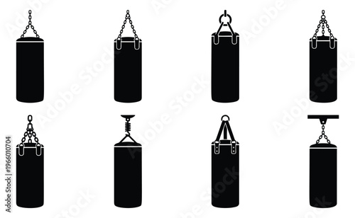 Silhouette icon set of 8 punching bags featuring different hanging mount styles and chain attachments for boxing and martial arts design