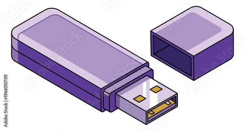 Cartoon illustration of a purple USB flash drive depicting open cap and connector for technology and digital storage design