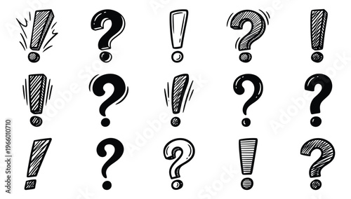 Sketch icon set of 15 question marks and exclamation marks featuring hand drawn punctuation symbols for typography and editorial design