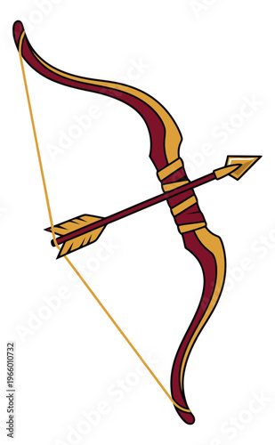 Cartoon illustration of a bow and arrow depicting a classic archery weapon in crimson and gold for sport and heraldry design