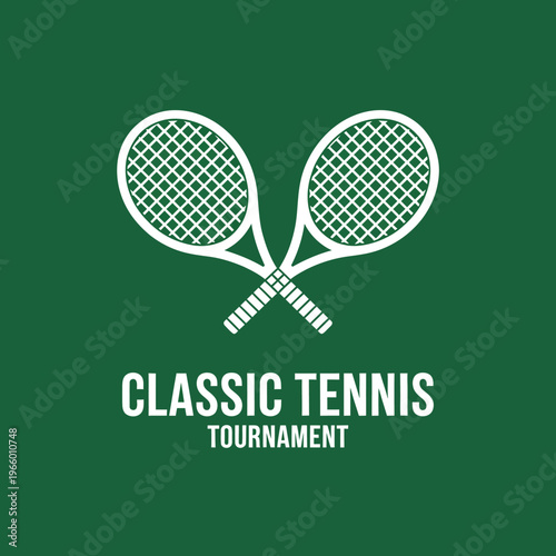 Tennis rackets crossed over each other on green background with classic tennis tournament text