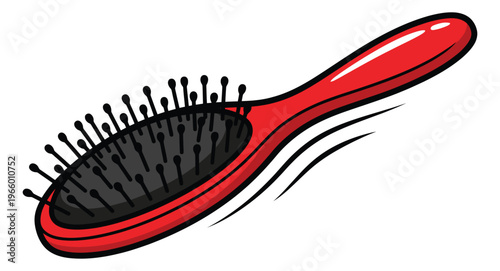 Cartoon illustration of a red hair brush depicting a grooming tool in motion for beauty and salon design
