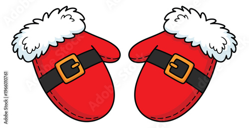 Cartoon illustration of Santa Claus mittens depicting red winter gloves with belt buckle detail for Christmas holiday design