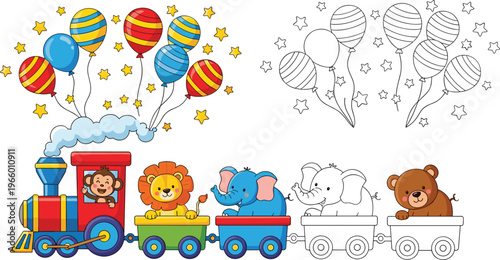  Cute, animal, train, with, lion, elephant, monkey, bear, balloons, stars, coloring, page, and, colored, version, for, kids, vector, illustration, set