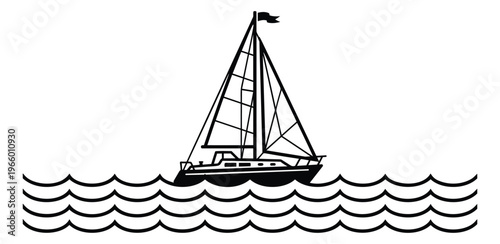Line art illustration of a sailboat depicting ocean waves and nautical scene for maritime and travel design