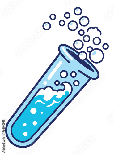 Cartoon illustration of a bubbling test tube depicting a fizzing chemical reaction for science and education design