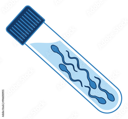 Flat illustration of sperm cells in a test tube depicting fertility science for reproductive medicine design