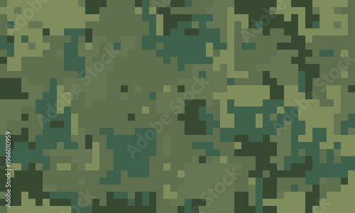 Abstract digital camouflage pattern in muted greens and dark olive tones.  Perfect for backgrounds, textures, militarythemed designs, or representing concepts of concealment and strategy.
